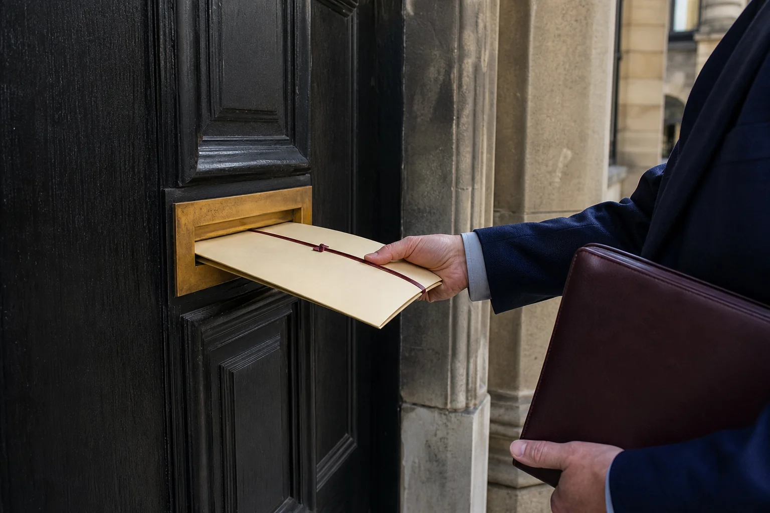 Founder posting an advance assurance application through a brass document slot