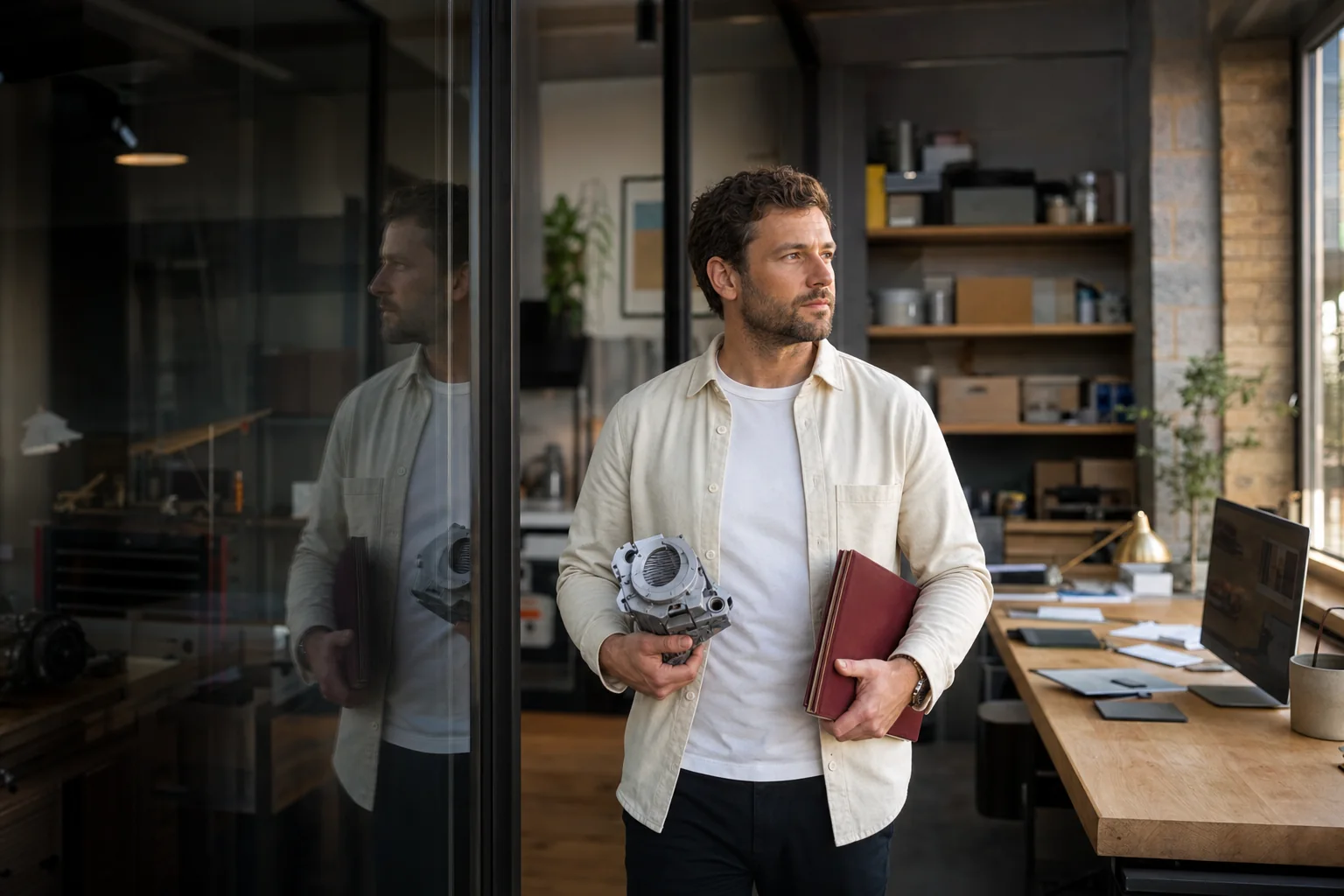 Founder-director carrying a prototype and governance folder between company roles