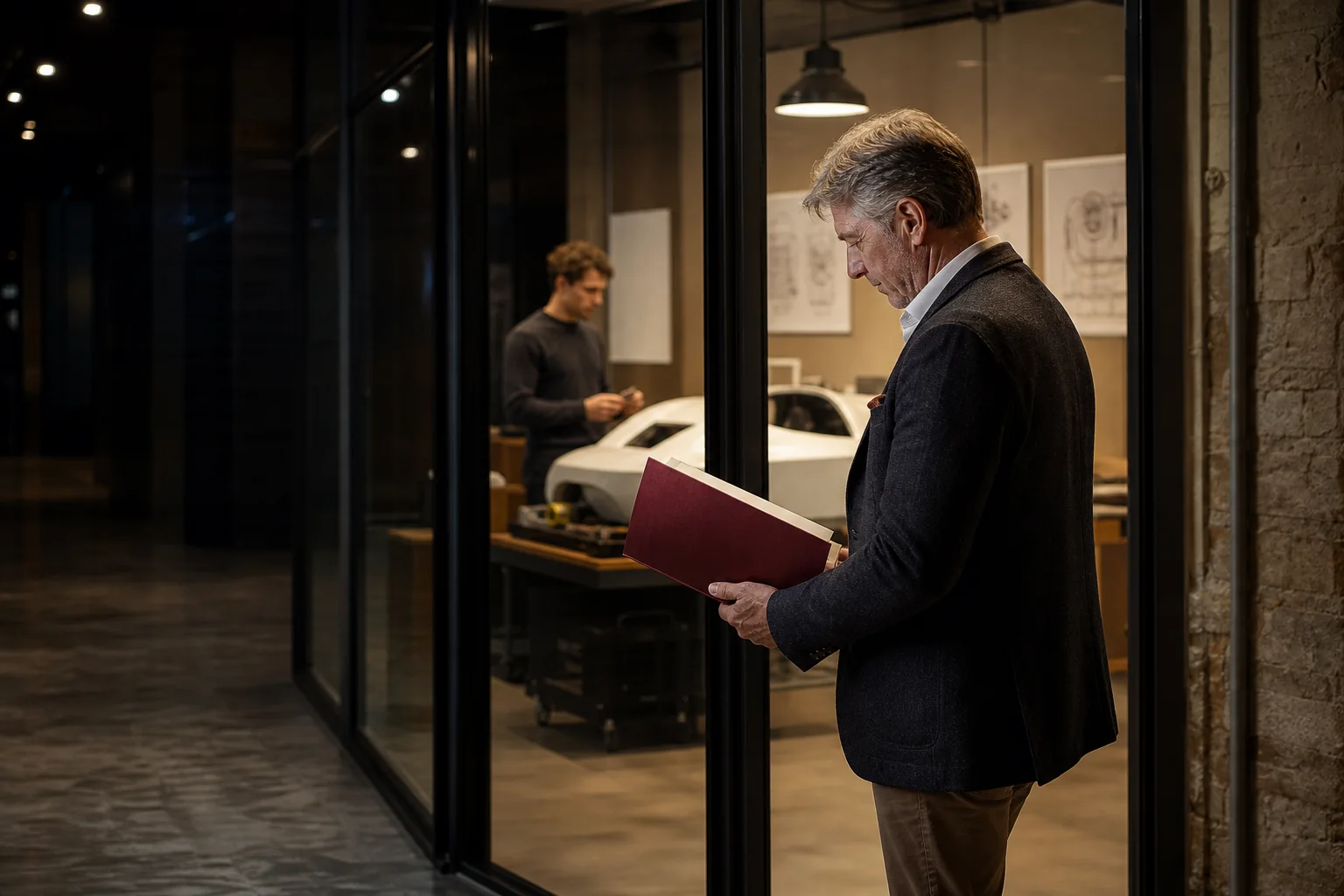Angel investor reviewing a SEIS assurance dossier before a startup pitch