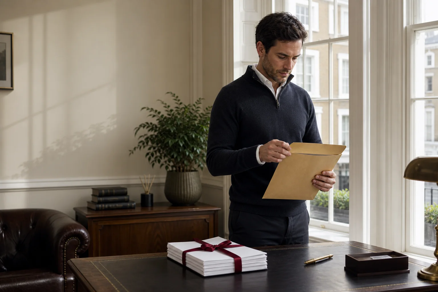 UK founder opening an advance assurance response beside an application pack